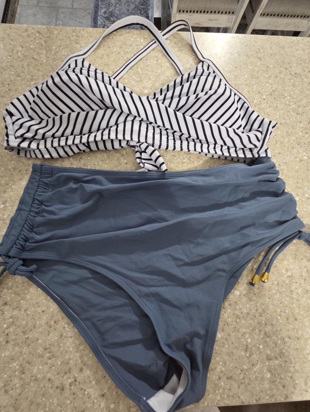 Striped Tie-Front White Bikini Top & Slate Blue High-Waist Bottoms